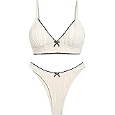 seamoly 2025 Bikini V Neck Ribbed Swimsuit Lace Trim Thong Bottom Adjustable Straps Sexy Fashion Bathing Suit Apricot XL