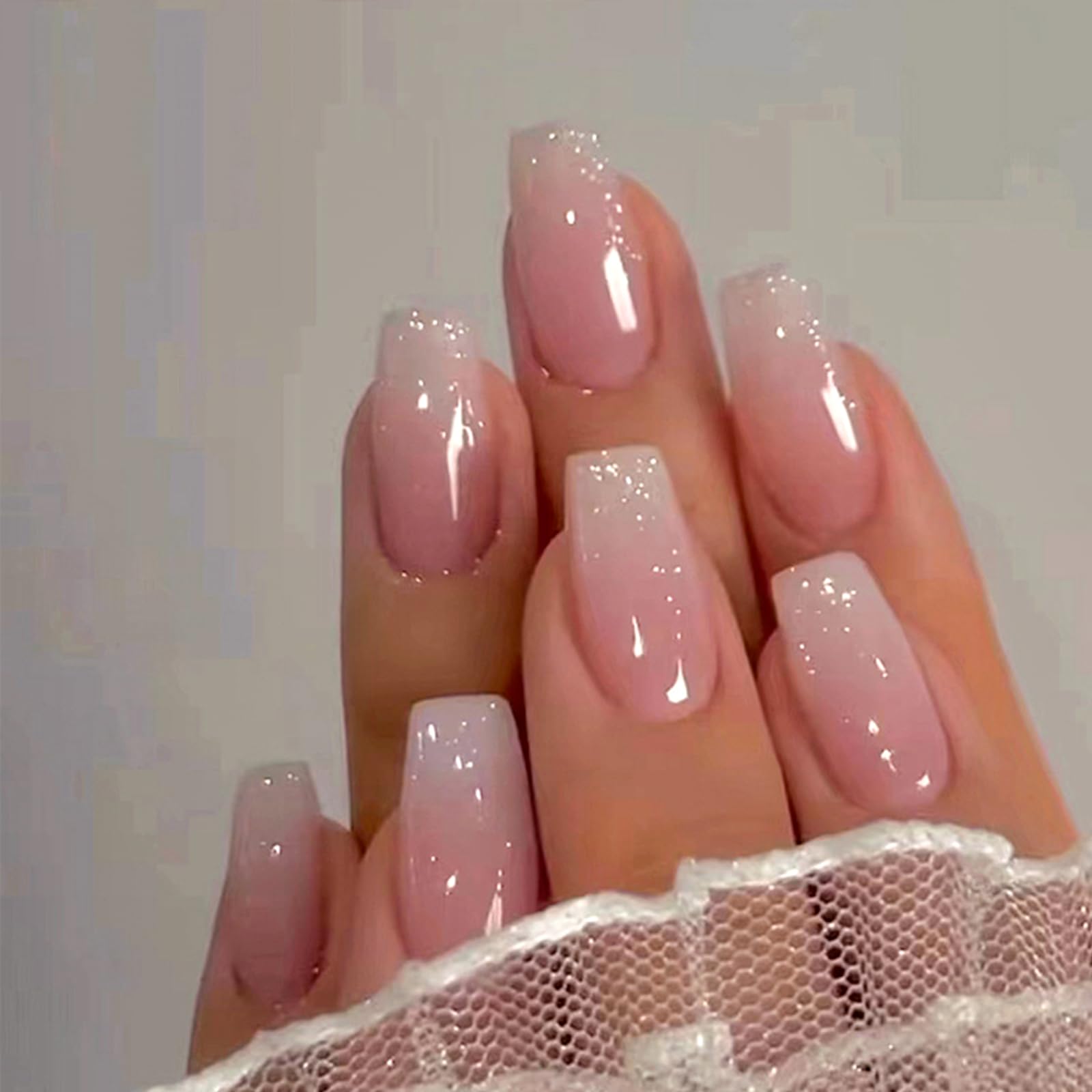 Photo 1 of Pink Press on Nails Medium Coffin Fake Nails Gradient Pink False Nails with Design Glitter Glossy Glue on Nails Full Cover Acrylic Stick on Nail Ombre Artificial Nail for Women Manicure 24Pcs