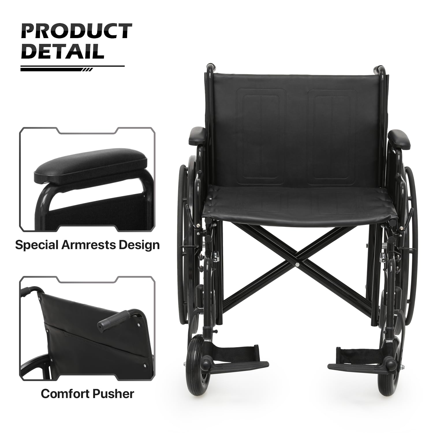 monicare Wide Foldable Bariatric Wheelchair for Adult 500-lbs Heavy-Duty Folding Transport Self-Propelled Wheel Chair with 24-Inch Seat