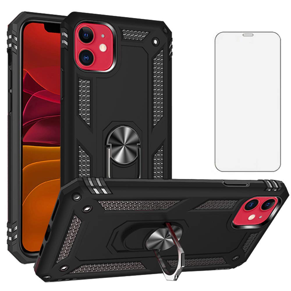 Asuwish Phone Case for iPhone 11 2019 6.1 inch with Tempered Glass Screen Protector Cover and Magnetic Stand Ring Holder Hard Shockproof Heavy Duty Accessories 1phone i phone11case XI 11R Cases Black