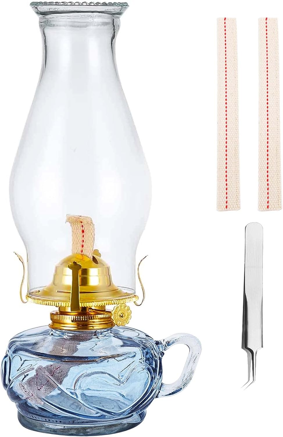 Oil Lamps & Accessories - Rustic Oil Lamp for Indoor Use,Large Kerosene Lamp with Handle,2 Pcs Wicks and 1 Tweezers,Vintage Glass Hurricane Lamp for Home Emergency Lighting (Blue)