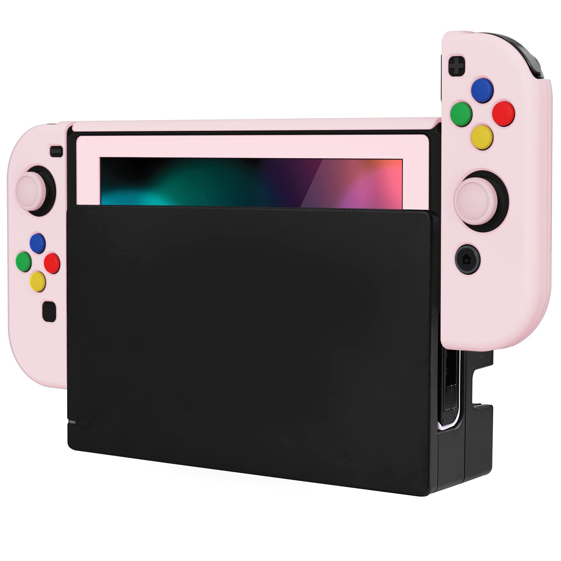 PlayVital AlterGrips Ergonomic Grips Cover for Nintendo Switch, [2 Design] Interchangeable Comfort Dockable Protective Case with Screen Protector & Thumb Grip Buttons Caps - Cherry Blossoms Pink