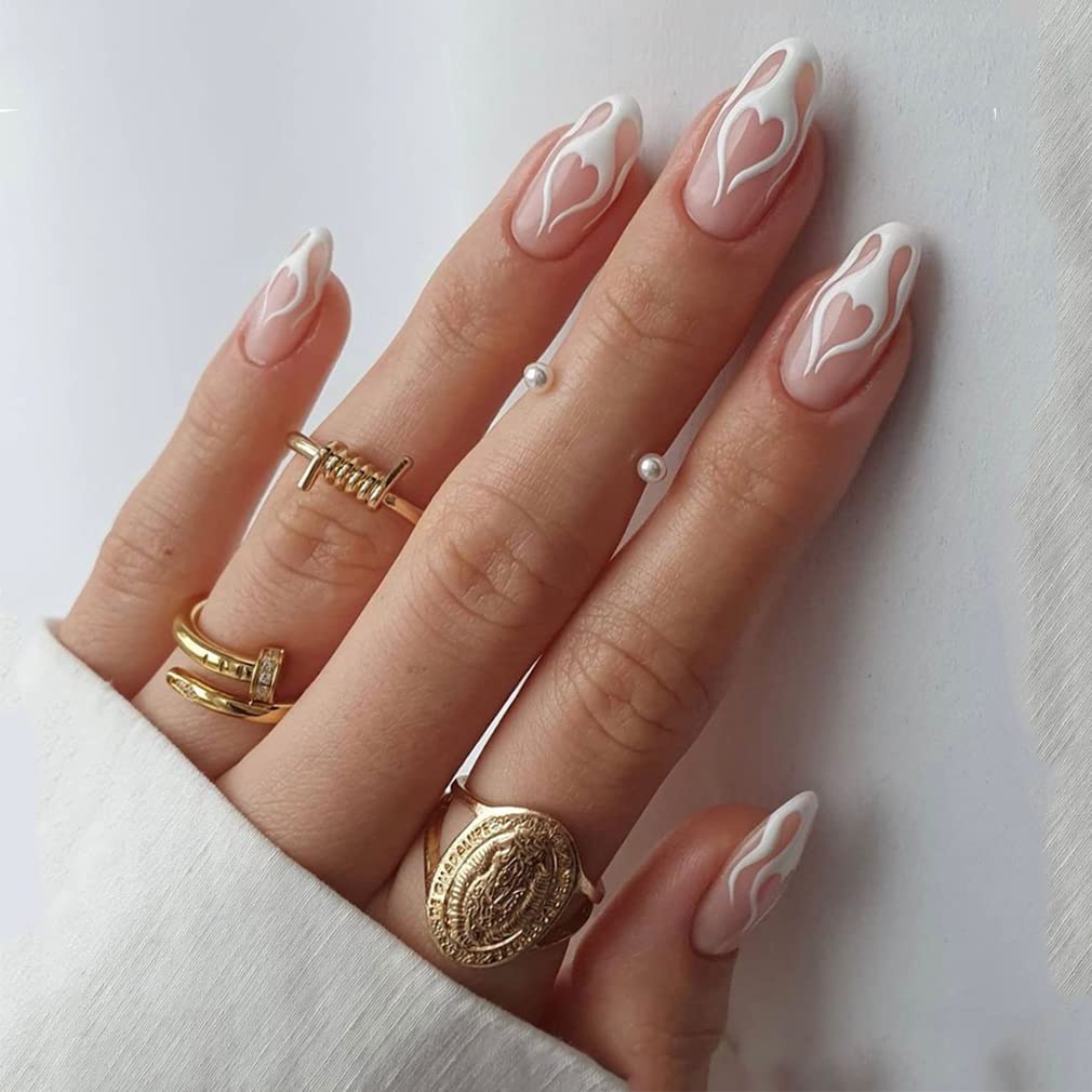 Sethexy Valentine's Day Almond False Nails Love Heart Stiletto Stick on Nail Pink Fake Nails 24Pcs Acrylic Art Press on Nails for Women and Girls