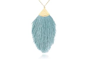 RIAH FASHION Antique Bohemian Silky Thread Fan Tassel Statement Necklace - Vintage Gold Feather Shape Strand Fringe Lightweight Long Chain