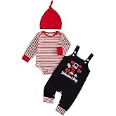DNOMAID YZARC Newborn Baby Boy Valentines Outfit Stripe Long Sleeve Romper Letter Embroidery Suspender Pants Hat Clothes Set