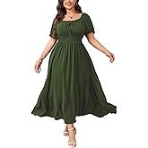 SHESTARR Women's Plus Size Maxi Dress Short Sleeve Smocked Square Neck Tie Front Split A-Line Flowy Long Dresses
