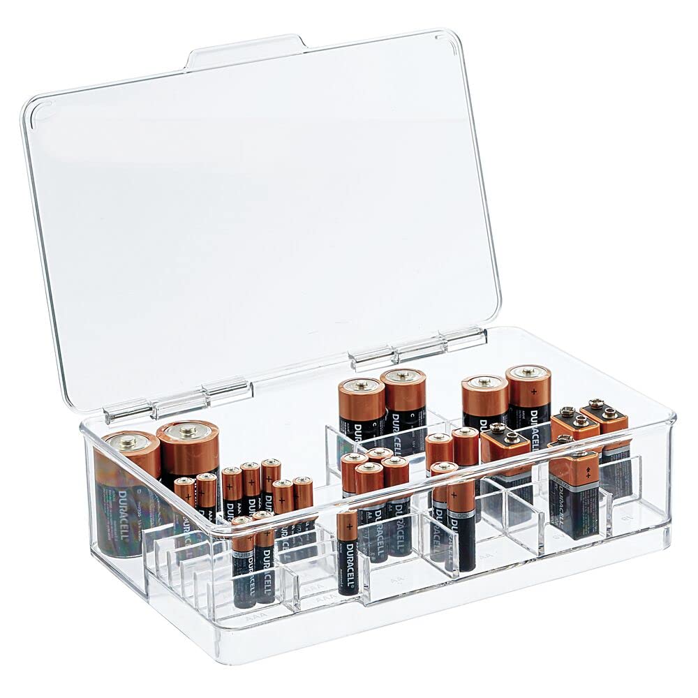 Photo 1 of mDesign Plastic Large Stackable Divided Battery Storage Organizer Box with Hinged Lid for AA, AAA, C, D, 9 Volt Sizes, Great Storage for Kitchens, Home Offices, and Utility Rooms - Clear