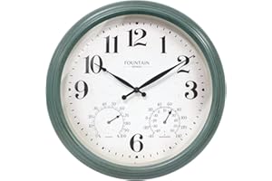 FOUNTAIN DESIGNS 18" Maison in/Outdoor Clock with Thermometer, 3 in 1 Weather Station (Weather Thermometer/Wall Decoration) (Aged Teal, 18 inch)