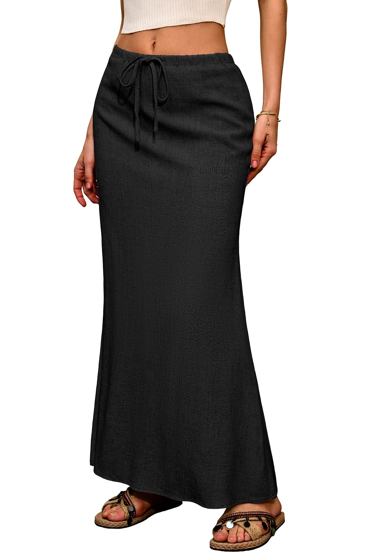 Photo 1 of ELLEVEN Linen Maxi Long Flowy Skirt for Women Trendy Summer with Slit Elastic Waist Drawstring Casual Beach Holiday Low Rise Cotton Sexy Curvy Boho Mermaid Skirts Floor Ankle Length Black XX-Large
