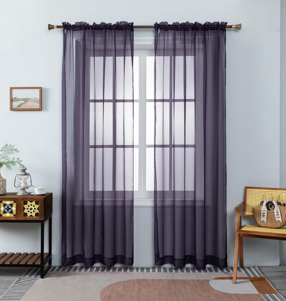 WPM Dark Purple Sheer Curtains 58" Wide x 84" Long 2 Panels Livingroom Window Treatment Rod Pocket Sheer Voile for Bedroom, Kitchen, Living Children Room Fully Stitched and Hemmed