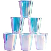 MnhoMnrn 25 Pcs Iridescent Clear Plastic Cups 12oz Fancy Thick Neon Disposable Drinking Cups Cute Glitter Holographic Hard Plastic Cup for Party Decoration (Clear)