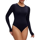 NANJI Long Sleeve Bodysuit for Women - Slim Fit Crew Neck Thong Body Suit, Stretch Double Lined Snap Tops, Casual Going Out