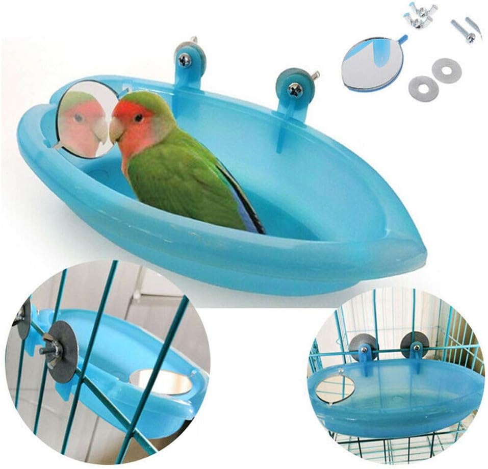 succeedtop Bird Bath with Mirror Toy for Pet Small Medium Parrot Parakeet Cockatiel Conure Budgie Lovebird Finch Canary African Grey Cockatoo Amazon Cage Shower Bathing Tub Food Feeder Bowl (Blue)