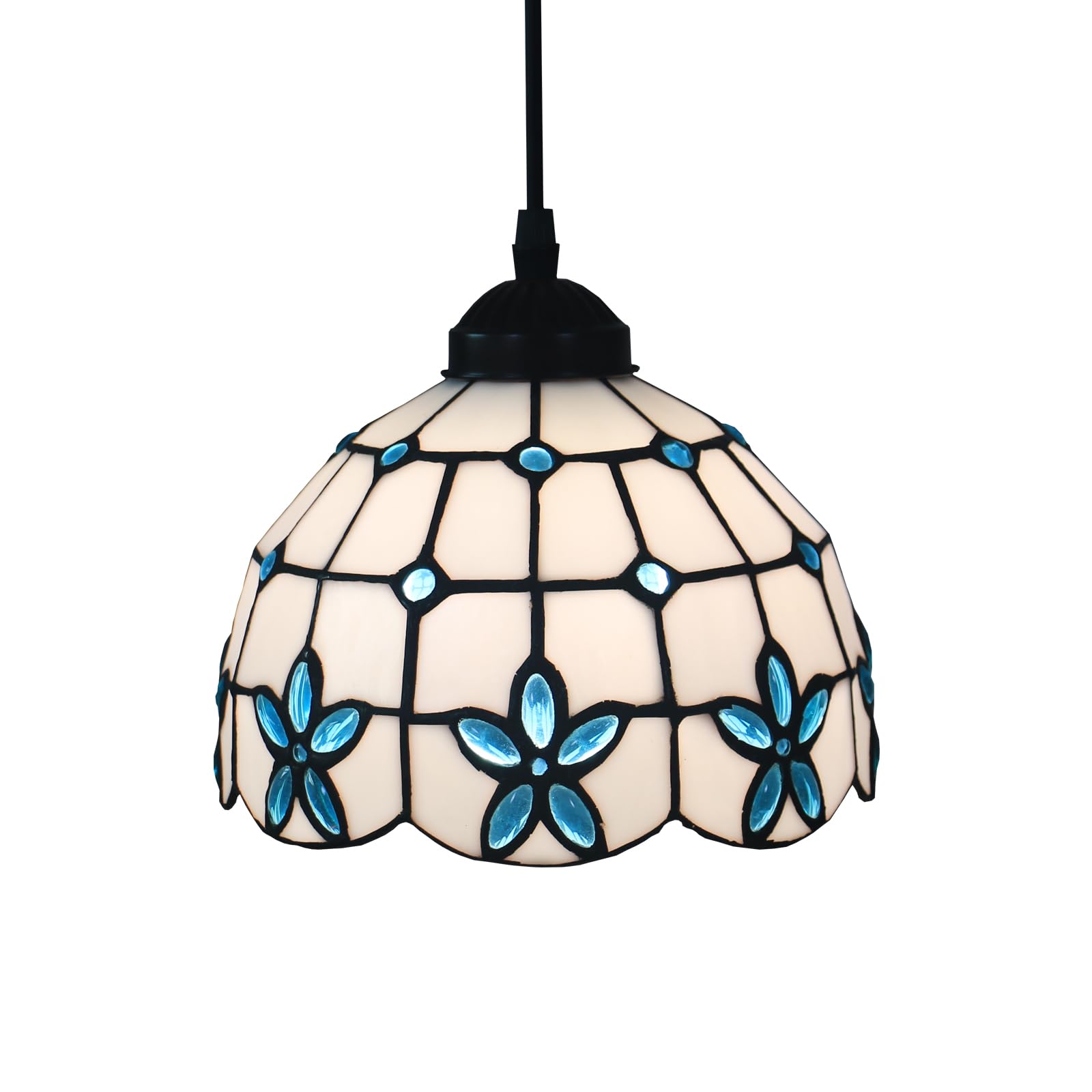 View 1 of Tiffany Style Lamp Hanging Pendant Light Kitchen Island,Blue Flowers Stained Glass Hanging Lights Fixture For Bedroom,Vintage Swag Ceiling Lamp For Dining Room W/ 3 Color-temperature LED Bulb