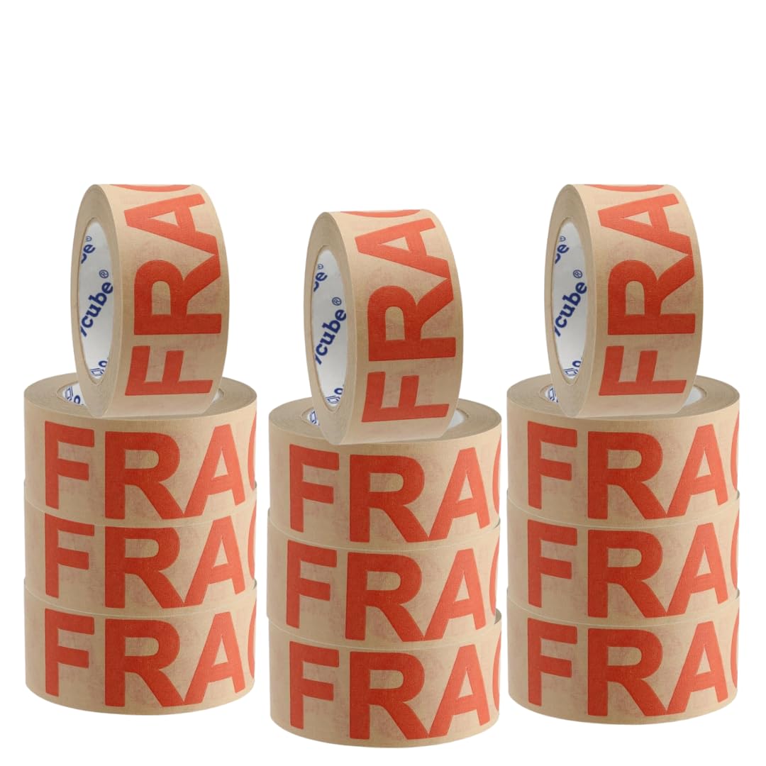 9Cube 12 Eco-Friendly Recyclable Fragile Printed Kraft Paper Packaging Tape for Moving House and Packing Parcels, 50mmx50M, Strong Brown Heavy-Duty Sticky Biodegradable