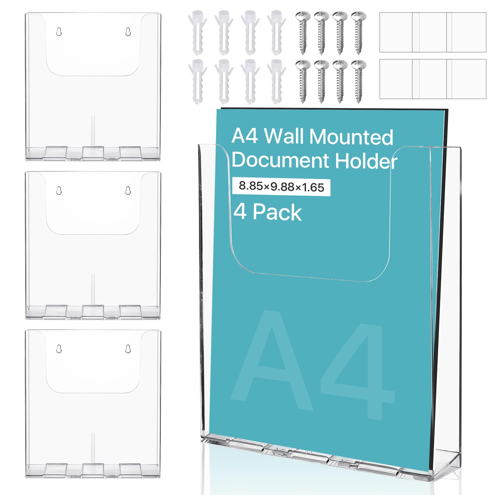 Akamino 4 Pack A4 Wall Mounted Document Holder, Acrylic A4 Portrait Wall Mountable Menu Leaflet Holder,Brochure Dispenser Magazine Storage for Office Restaurants Receptions,16.7 x 4.2 x 16.4cm
