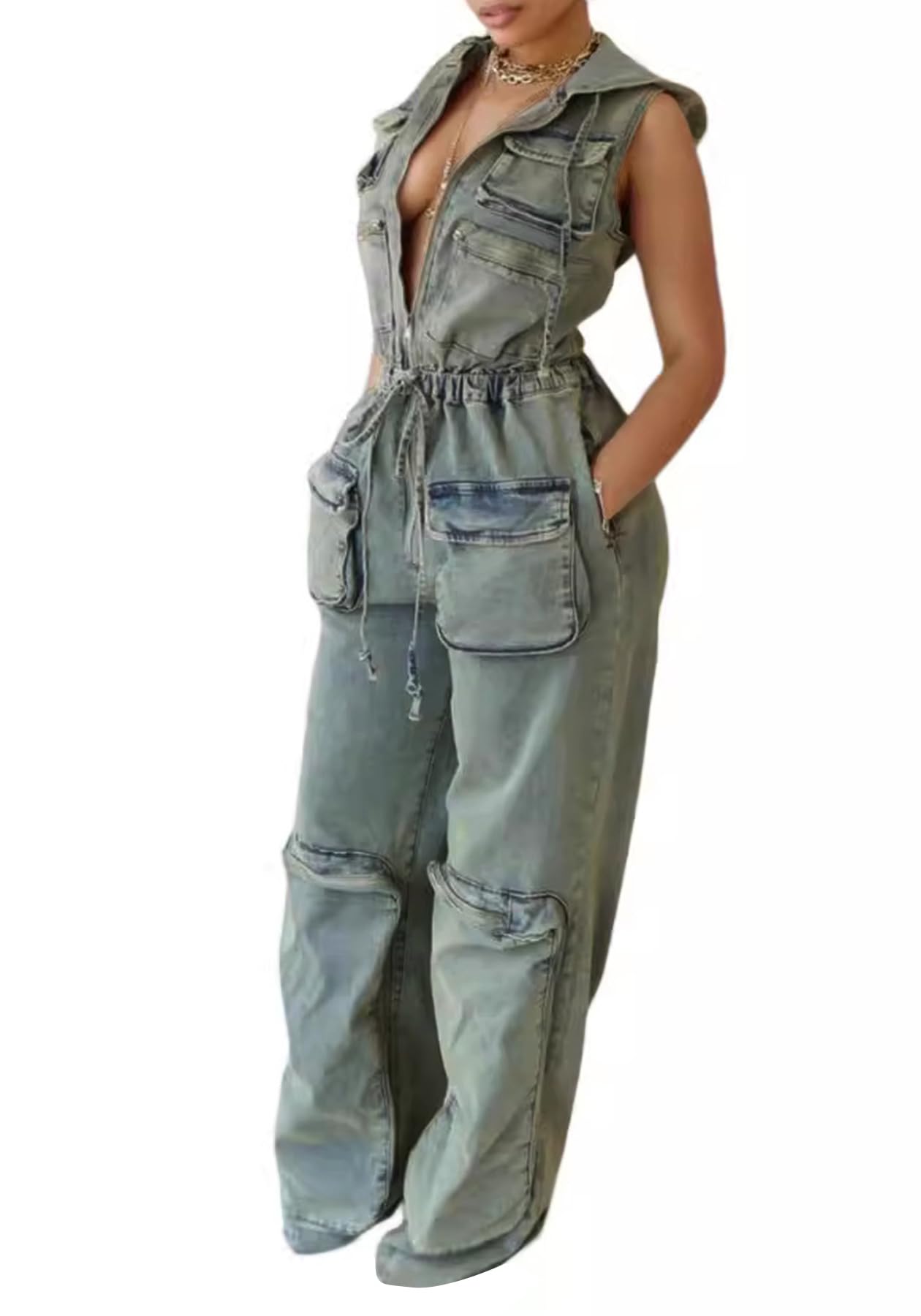 Tbahhir Denim Overalls for Women Cargo V Neck Long Sleeve Tunic ...