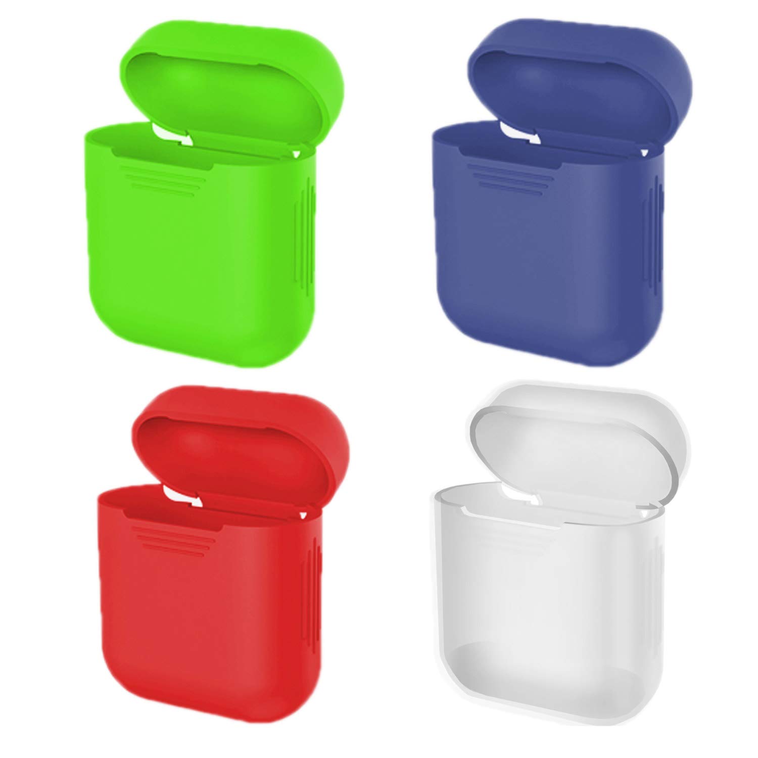 Eco-Fused Protective Covers compatible with Apple AirPods Case - 4-Pack (Red, Blue, Green and Transparent) - Silicone Skins - Protects the Case of Your AirPods from Scratches and Shocks