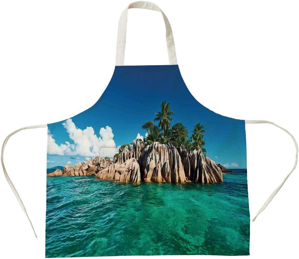 3D Printed Cotton Linen Big Pocket Apron,Island,St. Pierre Island at Seychelles Natural Granite Relaxation Mediterranean,Jade Green Blue Tan,for Cooking Baking Gardening