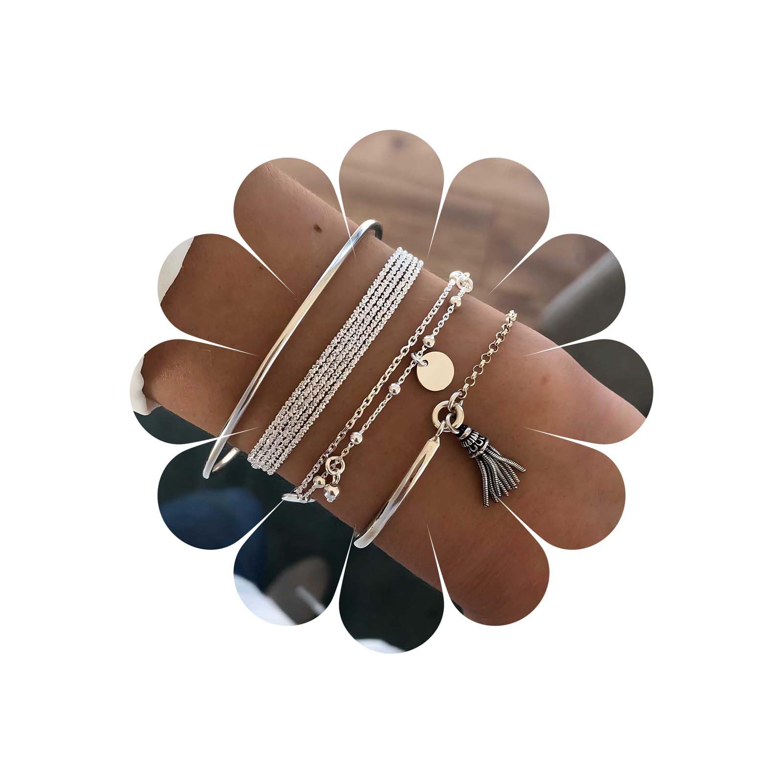 TseenYi Silver Bracelet Set Boho Layered Bangle Tassel Pendant Bracelet Stacked Open Wrist Chain Fashion Bracelet Jewelry for Women and Girls Gift Christmas 4pcs