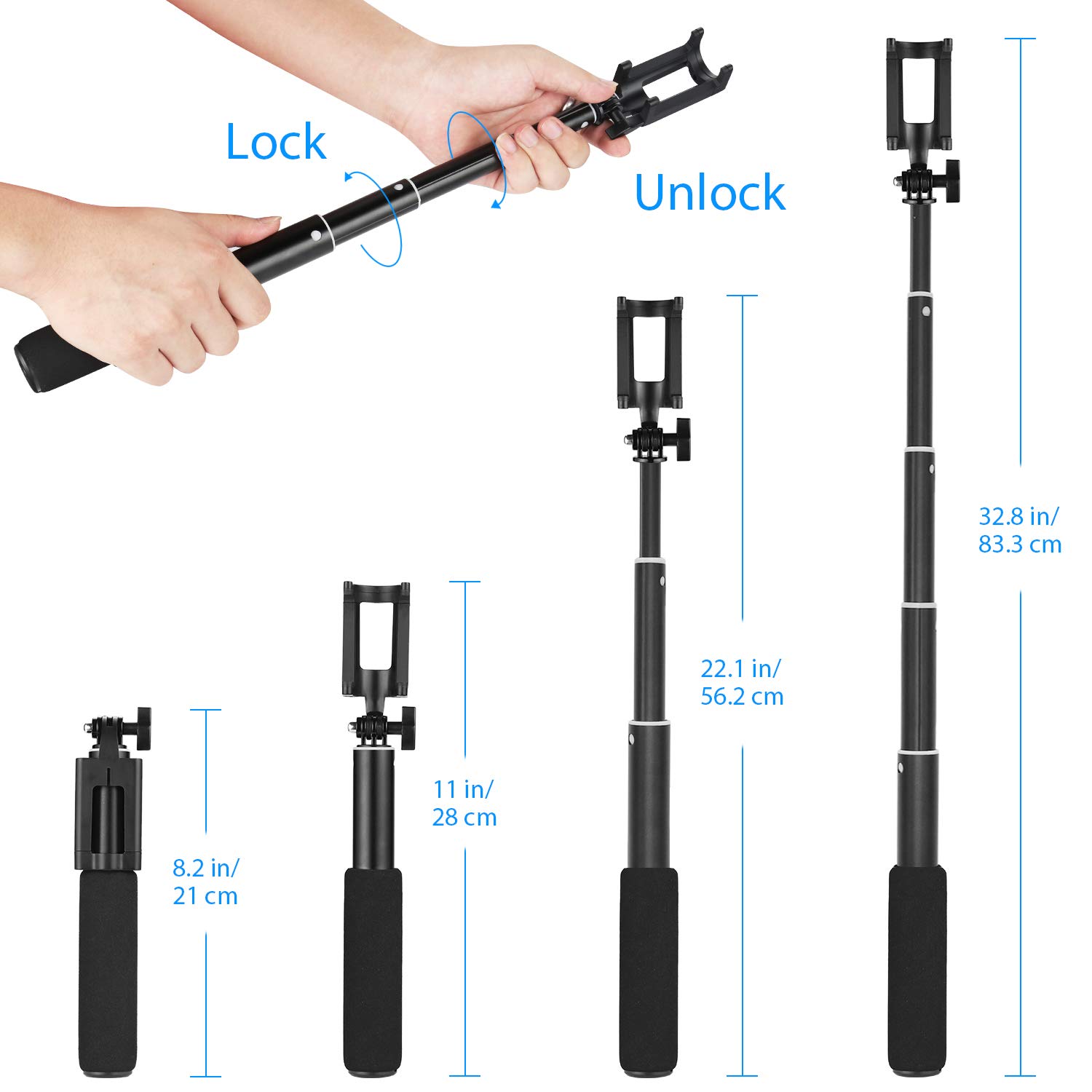 Selfie Stick, UBeesize Extendable Monopod with Tripod Stand and Bluetooth Shutter Remote for iPhone, Samsung, other Android phones, digital cameras and GoPro