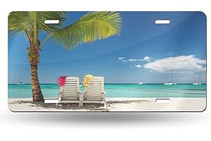 HANGWWZQ Beach Relaxing Palm Tree Chairs Boats Front License Plate Aluminum Decorative License Plates Funny Metal Car Plate 6"X12" Novelty Vanity Tag Cover with 4 Holes Car Decor Accessory