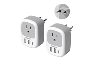 2 Pack European Travel Plug Adapter, TESSAN US to Europe Plug Adapter with 3 USB Ports (1 USB C), Type C Power Outlet for EU International Italy Iceland Spain France Germany