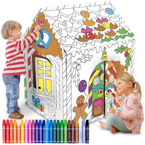 ArtCreativity Gingerbread House Craft Kit for Kids with 24 Butter Crayons - Black and White Gingerbread Cardboard Playhouse to be Colored - Mess-Free Coloring Fun Kids Christmas Activities Ages 3-9