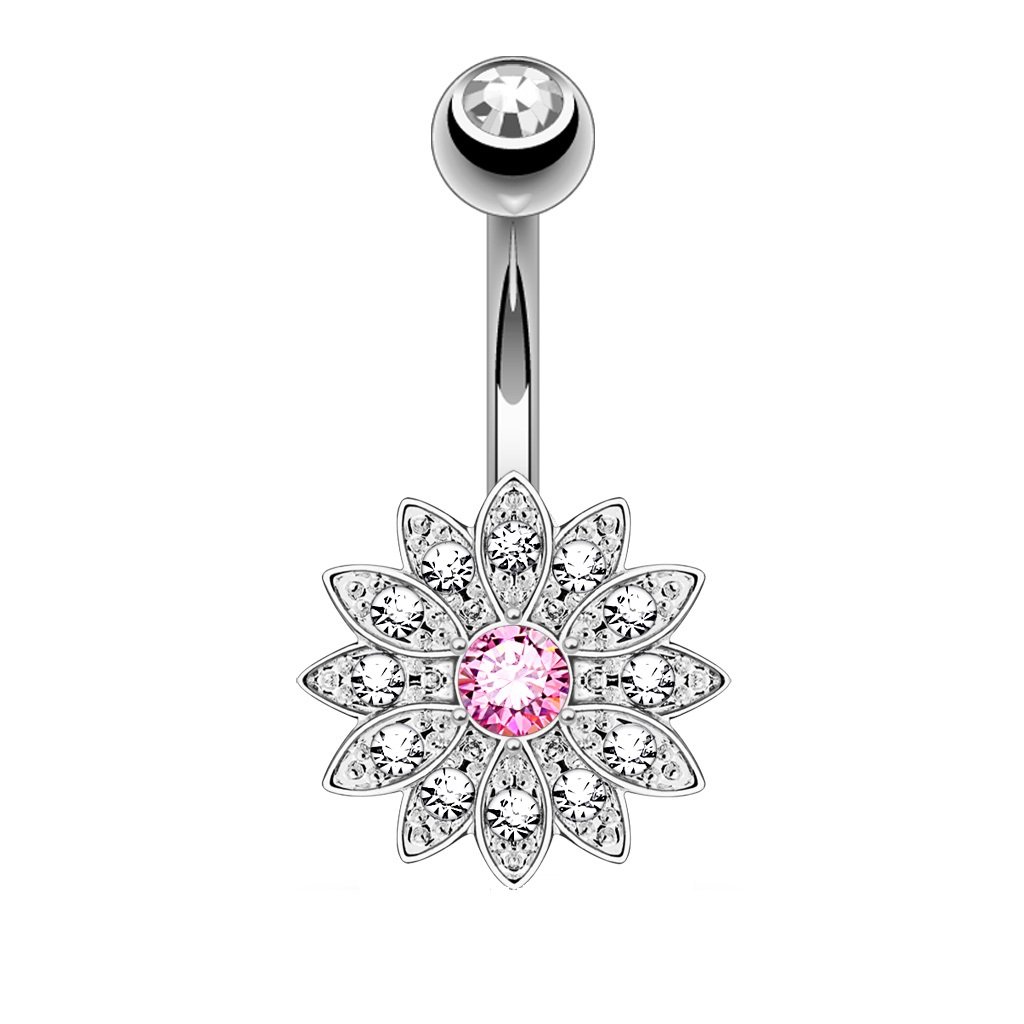 PiercedOff 316L Surgical Steel Externally Threaded Pink CZ Flower and Centre Belly Bar - Thickness 14GA (1.6mm) / Length 10mm / Ball 5mm / Flower 13.5