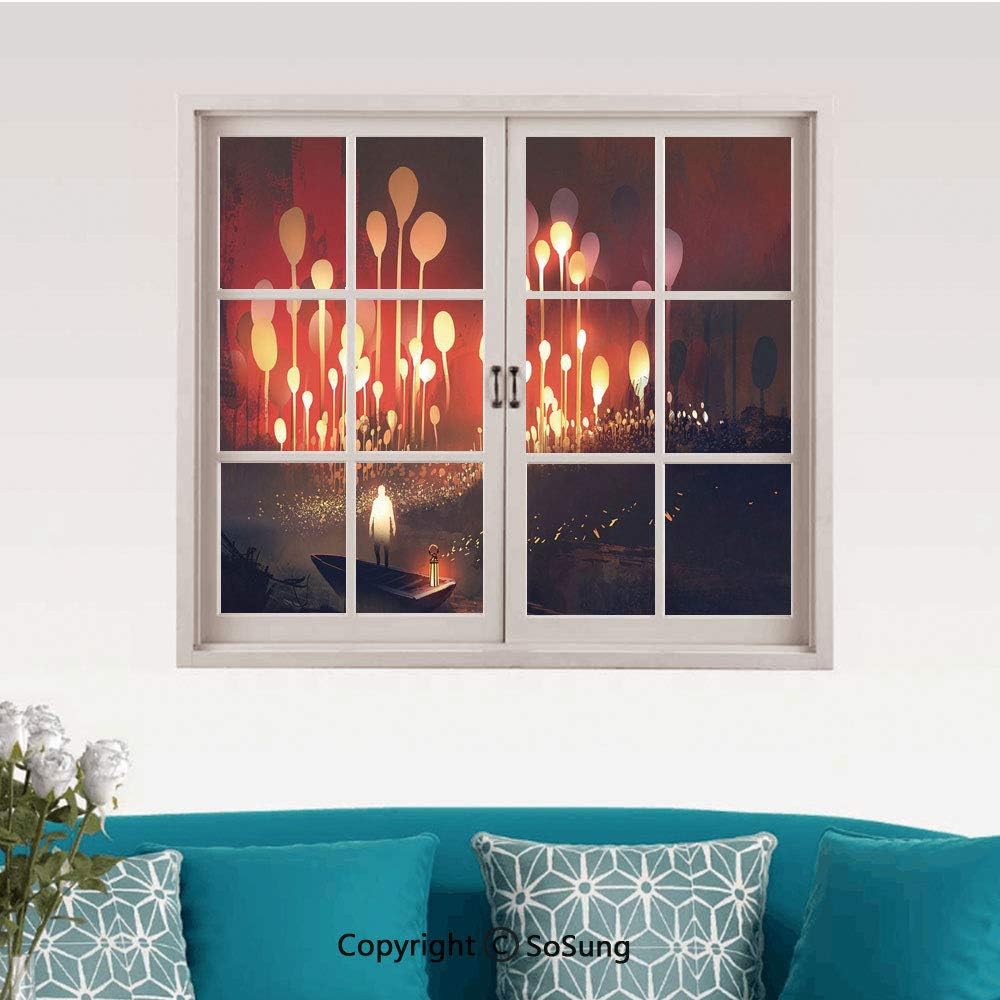 Amazon Com Fantasy Decor Removable Wall Sticker Wall Mural Night Scenery Of Enchanted Forest With Trees And Man In Boat Graphic Creative Close Window View Wall Decor 24 X32 For Bedroom Living Room Study Roo Home Kitchen