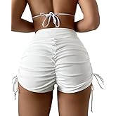 AFOLIRY Women's V Cross High Waisted Swim Shorts Ruched Side Tie Boy Shorts Swimsuit Bottoms with Liner
