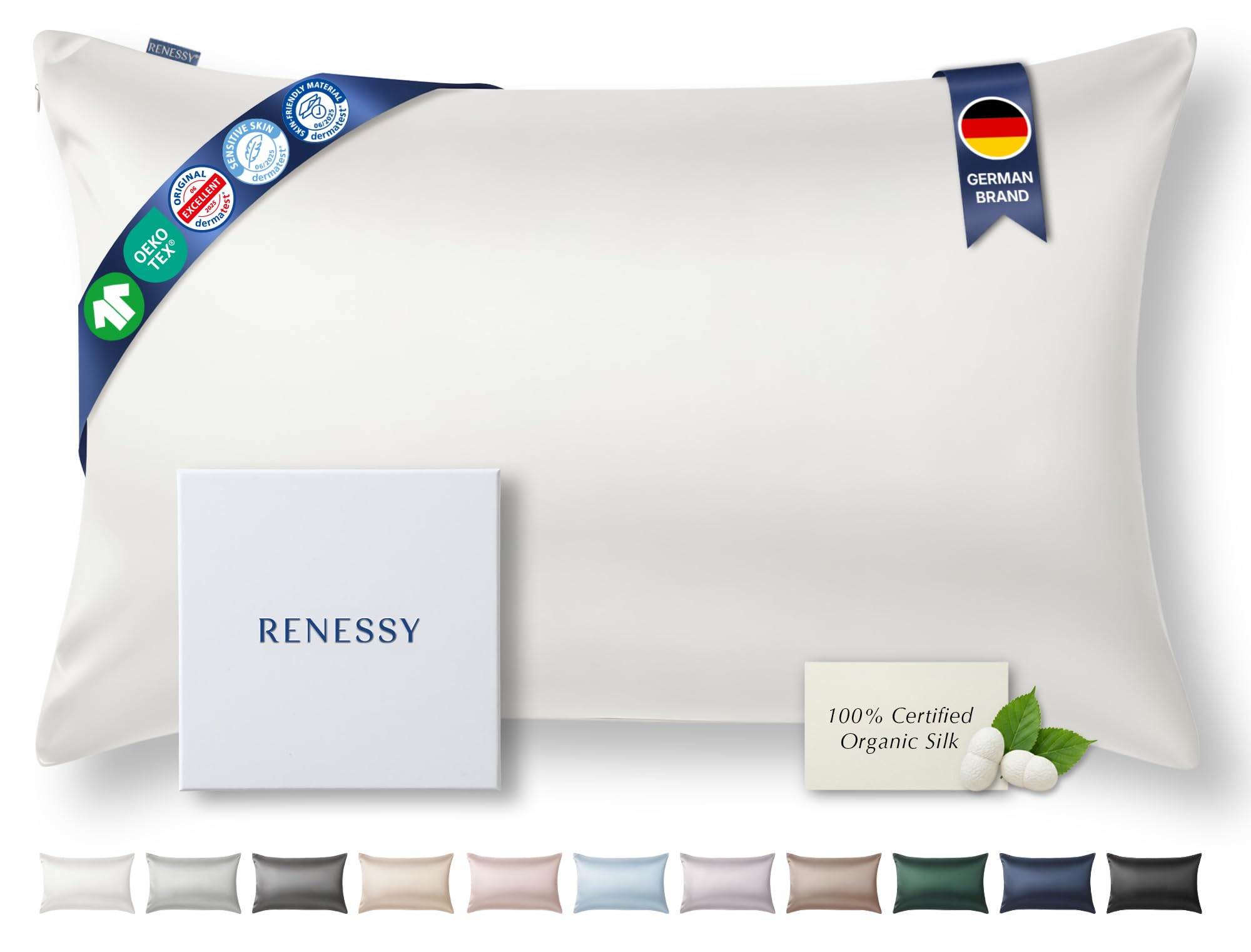 RENESSY Premium Silk Pillowcase 100% Organic Mulberry Silk, 22 Momme, Grade 6A - Oeko-Tex Certified in Germany - Luxury for Hair & Skin, 1 Piece (Standard 50x75 cm, White)