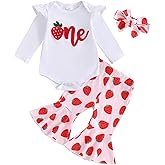 GINEVSAL 1st 2nd Birthday Outfit Girl Infant Summer Clothes Letter Bow Print Short Sleeve Romper Flare Pants Headband Set