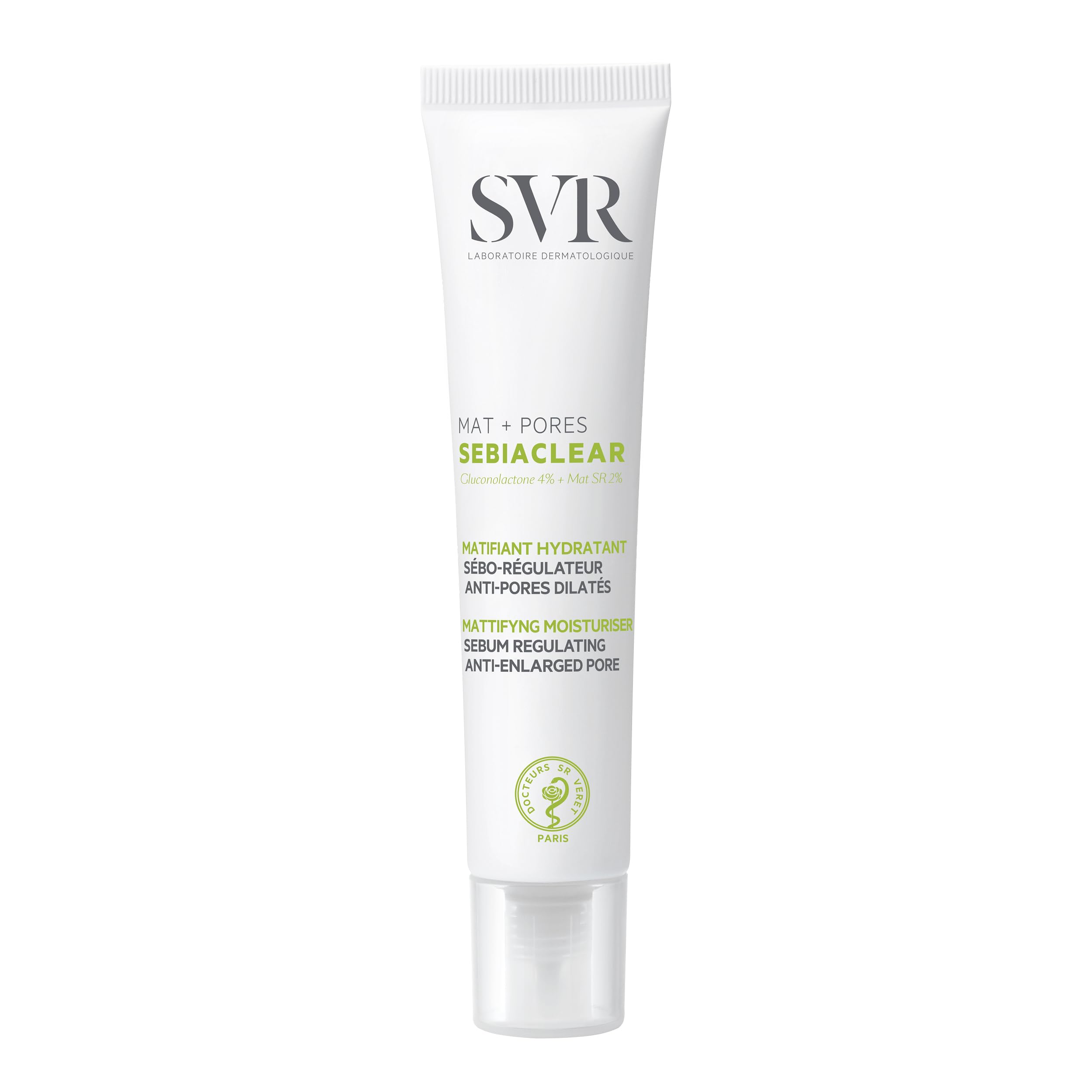 SVR SEBIACLEAR Mat+Pores Mattifying Face Fluid - Oily, Combination Skin with 4% Niacinamide and 4% Gluconalactone to Target Enlarged Pores + Excessive Sebum, 40ml
