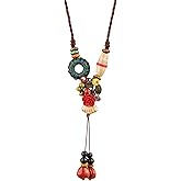 MINACHI Boho Hippie Colorful Ceramic Beads Strand O Ring Circle Charm Long Y Necklace, Vintage Bohemian Statement Jewelry Gift for Women