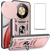 CNPUTAO Case for Honor X9D 5G / Honor Magic 8 Lite with Tempered Glass Screen Protector,Sliding Camera Window, Kickstand, Shock-Proof Anti-Scratch Dual-Layer Phone Cover,Rose Gold