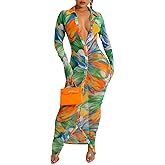 JerXox Womens Sexy Sheer Mesh Stretchy Printed Maxi Dresses Button Down Swimwear Cover Ups