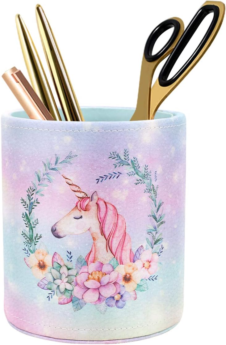 WAVEYU Pen Holder for Girls Desk Decor Pencil Cup for Decoration Durable Leather Desk Organizer Makeup Brush Holder, Cute Unicorn