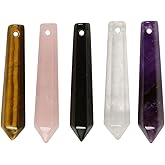 50mm Natural Yellow Tiger Eye Pink Quartz Black Obsidian White Clear Quartz Amethyst Hexagonal Wand Jewelry Making Crystal Pointed Chakra Reiki Healing Beads 2mm Hole Drilled(Pack of 5)