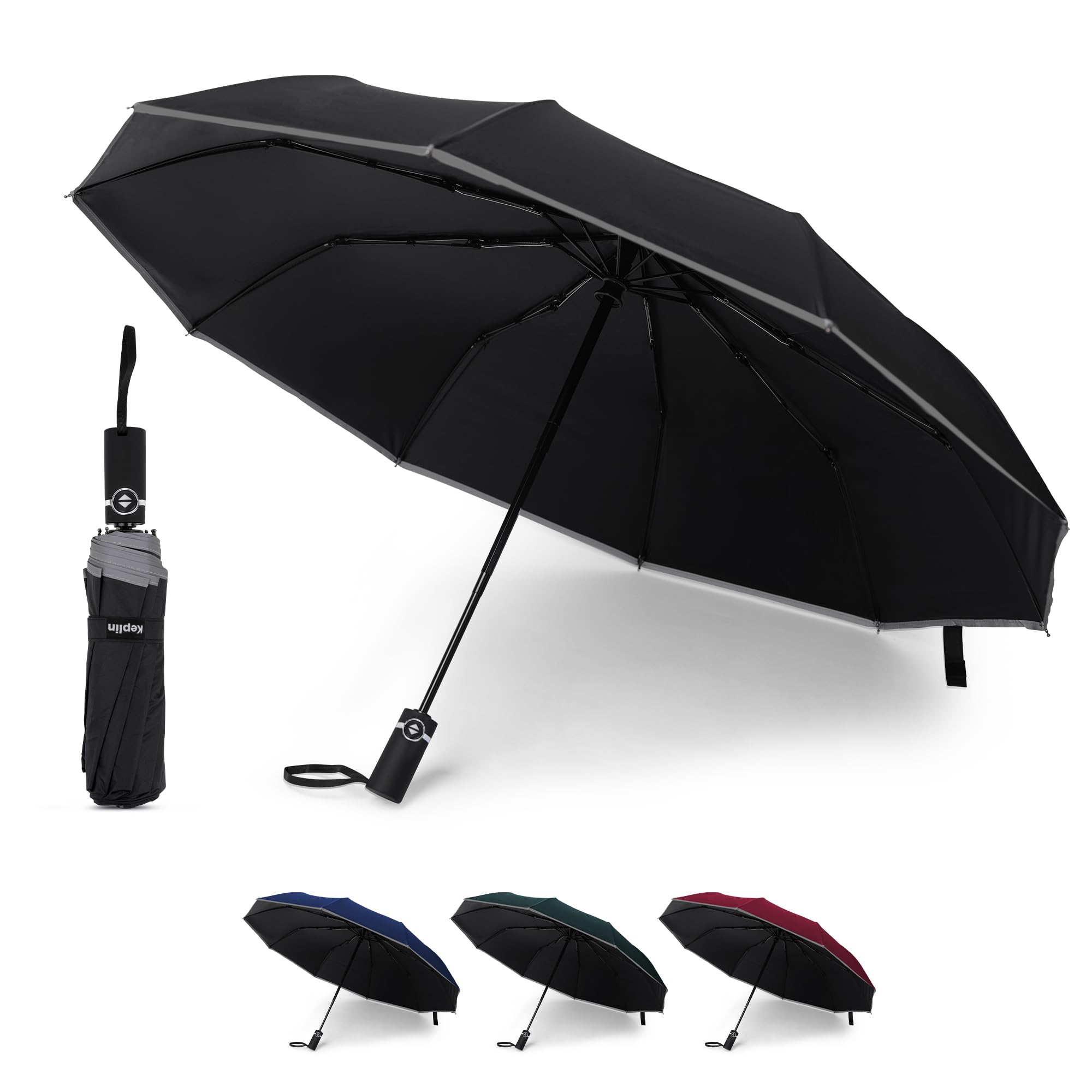 KEPLIN Folding Travel Umbrella Compact, Automatic Open & Close Handle, Windproof Strong, Golf 10 Ribs, Slim Strong, Lightweight Folding, Compact Windproof Umbrella