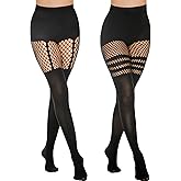 MANZI Faux Thigh High Tights Mock Suspender Pantyhose Striped Goth Fishnets Pack of 2