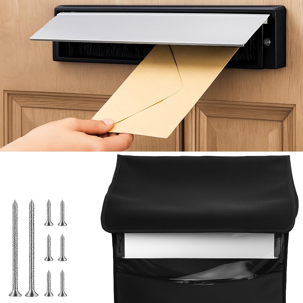 Photo 1 of 1 Set Mail Slot for Front Door, Aluminum Alloy Mail Slots Cover with Mail Catcher Bag Mail Slot Catcher for Door Mail Slot(12"×2.7",Black)