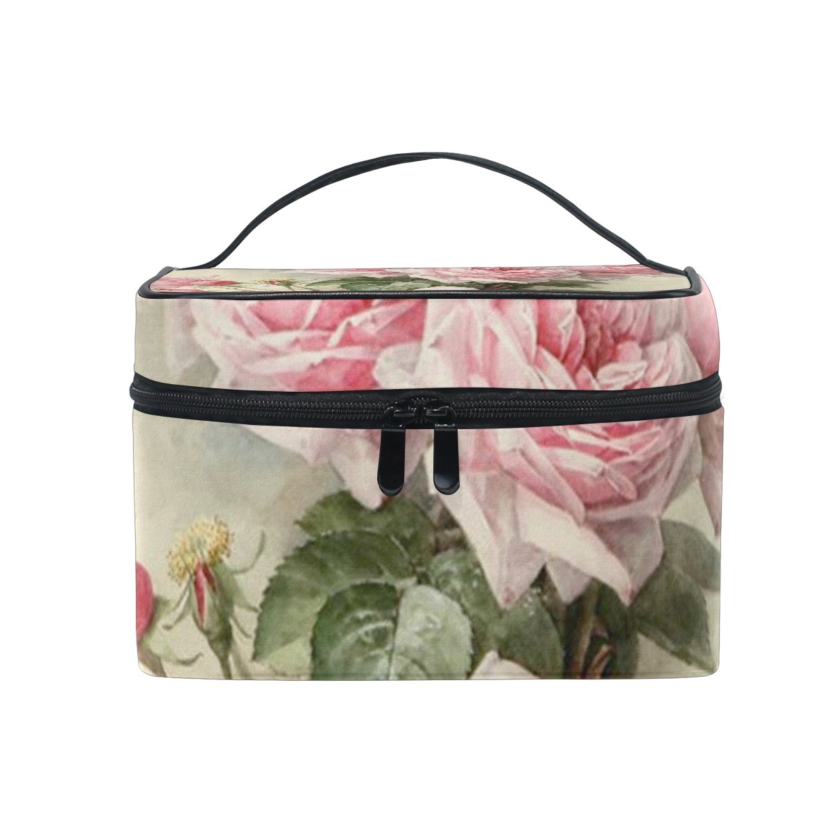 Isaoa Pink Roses Blooming Large Makeup Organiser Bag Toiletry Bag Waterproof Travel Case For Women Girl,High Quality Zipper Storage Bag Vanity Case With Adjustable Compartments