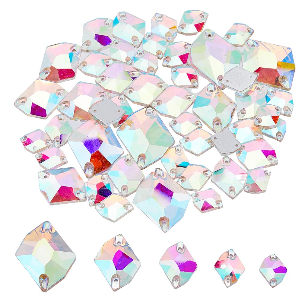 SUPERFINDINGS 5 Size 78pcs Sew on Crystal AB Rhinestones Irregular Rhombus Sewing Stone Gems 2 Hole Clear Flatback Colorful Rhinestone for DIY Crafts Shoes Costume Earring Hole: 1.2-0.9mm