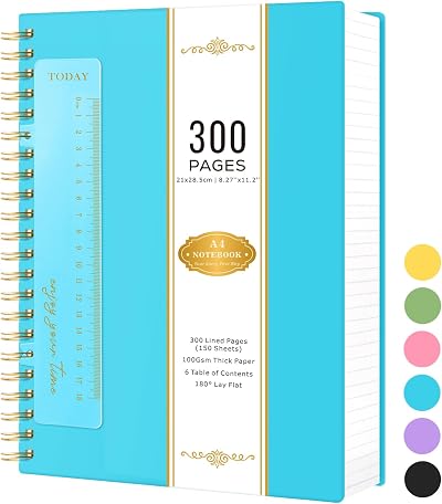 NIRMIRO A4 Lined Spiral Notebook 300 Pages 100 GSM PVC Cover Blue 21 x 28.5cm