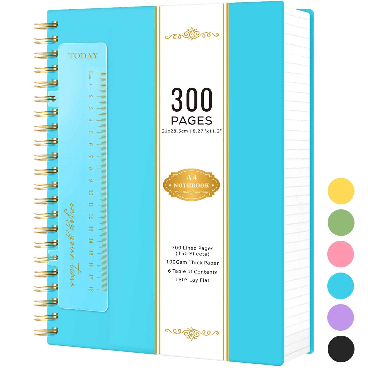 NIRMIRO A4 Lined Notebook Notepad, Spiral Notebooks Wirebound Note Books for Women Men Work Writing, 300 Pages, 100 GSM Paper, No Bleed, PVC Waterproof Cover, 21 x 28.5cm, Blue