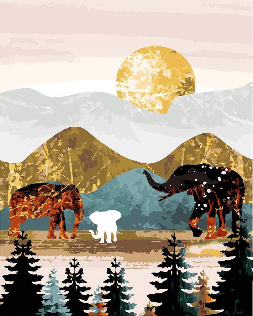 Awesocrafts Paint by Numbers Kits, Elephant Family Mountains Sunset Modern Art Number Painting for Adults 16x20 inch (Elephant, No Frame)