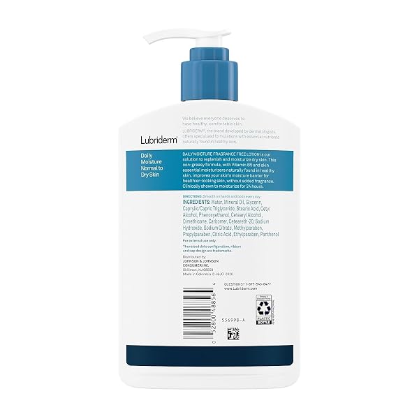LUBRIDERM DAILY MOISTURE HYDRATING UNSCENTED BODY LOTION WITH VITAMIN B5 FOR NORMAL TO DRY SKIN, NON-GREASY AND FRAGRANCE-FREE LOTION. 16 FL. OZ