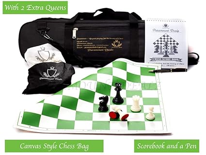 Paramount Dealz Professional Plastic Vinyl Chess Set with 2 Extra Queens and Bag (Green with Black Bag, 17x 17-Inch)