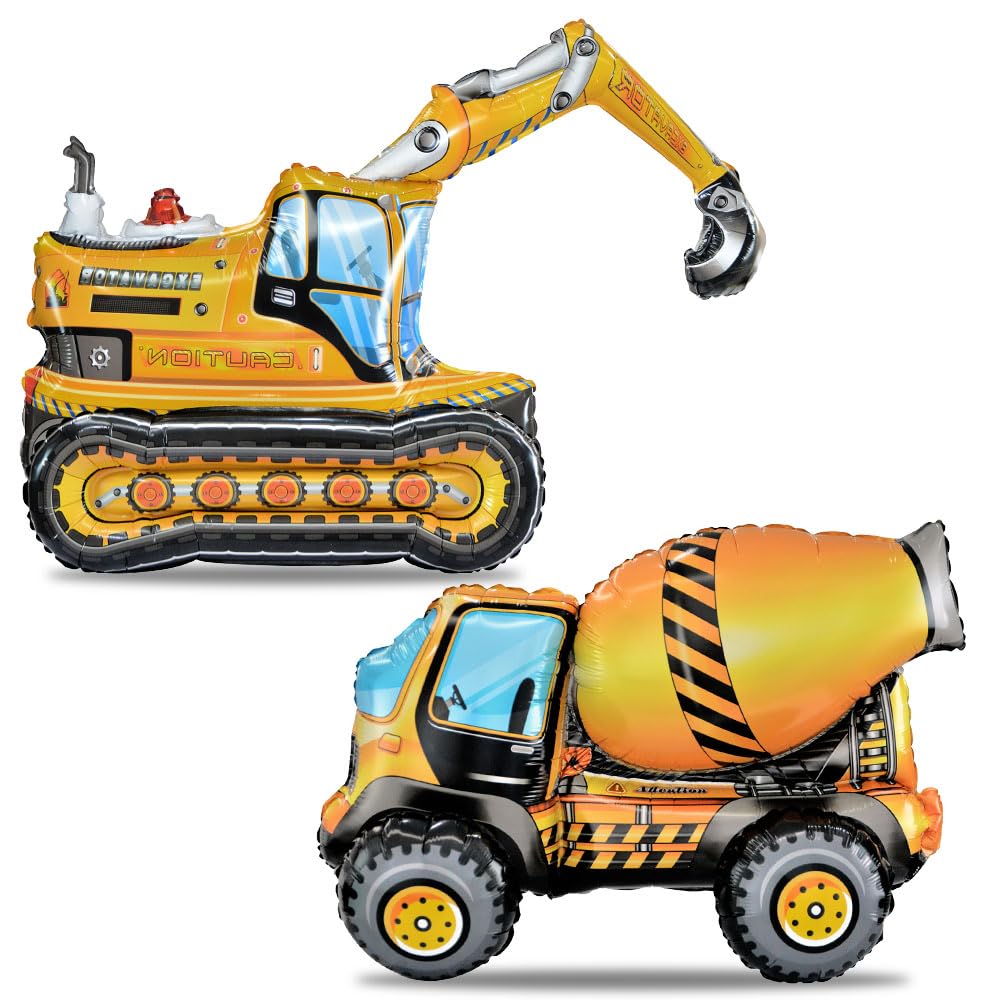 Photo 1 of ?2PCS Self Standing Construction Balloons 4D Excavator Mixer Truck Birthday Decorations, Heavy Duty Construction Themed Birthday Party Supplies for Kids Boys Birthday, Baby Shower (Construction)